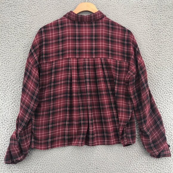 BB Dakota Jack Top Womens Medium Red Plaid Cropped Roll Tab Long Sleeve Button - Picture 3 of 11